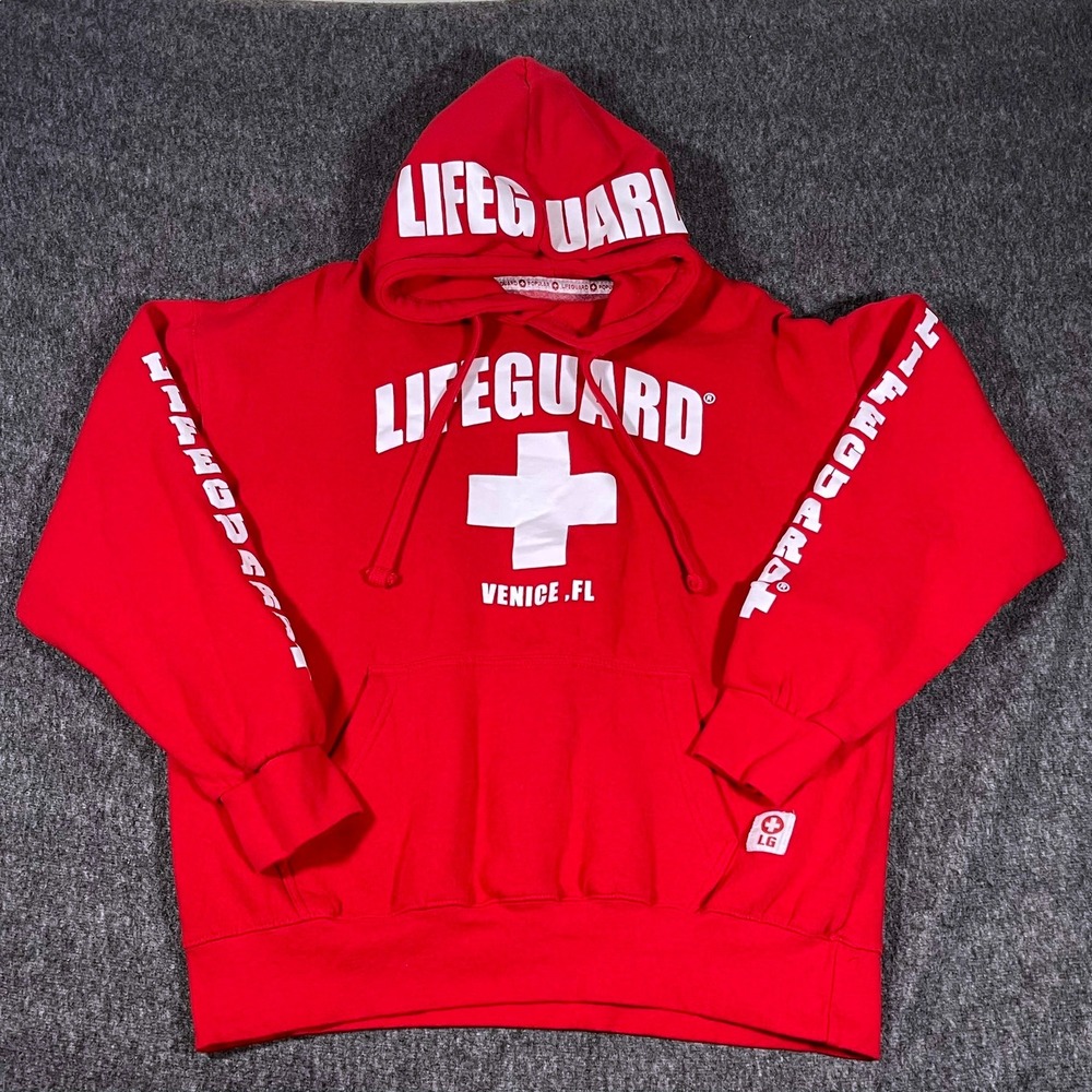 Lifeguard Official Venice FL Hoodie Red Pullover Sweatshirt‎ Mens Size L